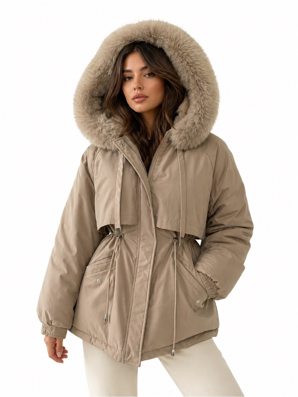 Beige Faux Fur Lined Hooded
Puffer Jacket Coat Cinch Waist Cozy Neutral Size L